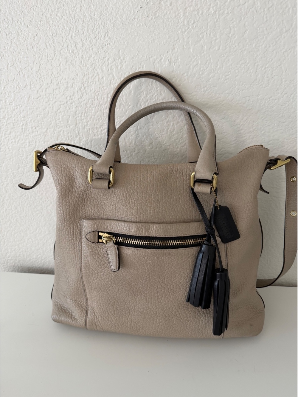 Coach legacy Rory Taupe Leather Satchel Shoulder Bag with Tassel Charm